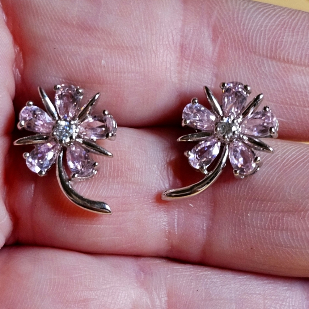925 CZ stamped pink, clear and sterling silver flower post earrings